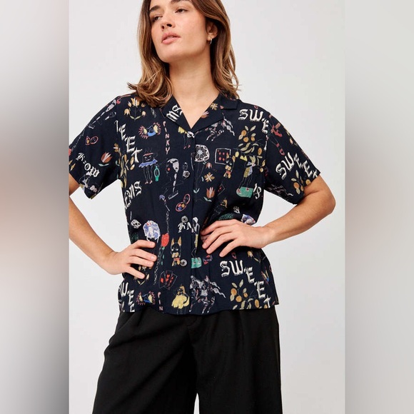 Caron Callahan Doodle Print Johan Top Button Up Relaxed Shirt Size L - Picture 3 of 11